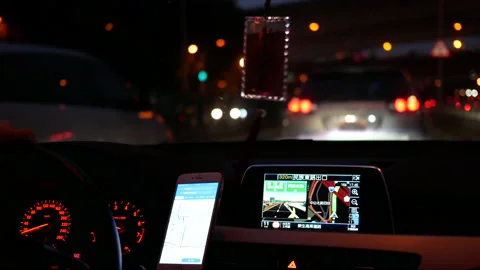 Motion of car driving in highway at night and focus on car dashboard Stock Footage 86136578
