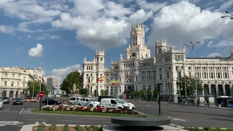 Motion of car traffic in front of Cybele Palace (Palacio de Cibeles). Madrid Stock Footage 218251086