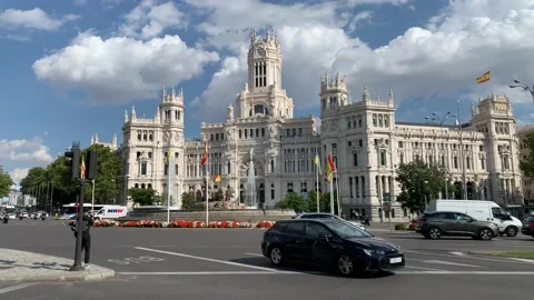 Motion of car traffic in front of Cybele Palace (Palacio de Cibeles). Madrid Stock Footage 218251201