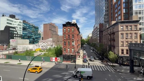 Motion of cars traffic on intersection. View from High Line park. New York City Stock Footage 337478935