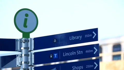 Motion of city direction information sign with blur skytrain passing background Stock Footage 77040984