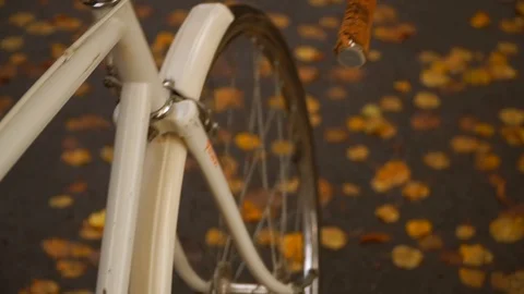 Motion close view of the spokes of a vintage bike wheel with yellow fallen Stock Footage 119772359