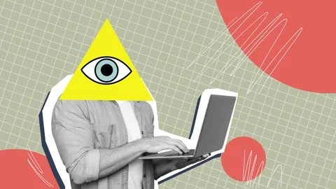 Motion collage video of anonym guy instead head triangle jewish eye type laptop Stock-Footage 302972409