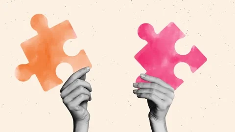 Motion collage video of hands hold puzzle element jigsaw team building Vídeos de archivo 302972894