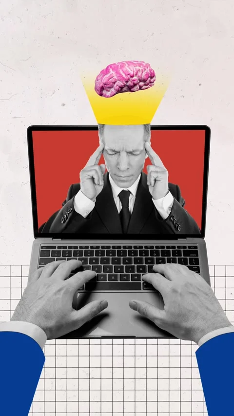 Motion collage video of hands type laptop keypad puzzled businessman brain Stock Footage 302968025