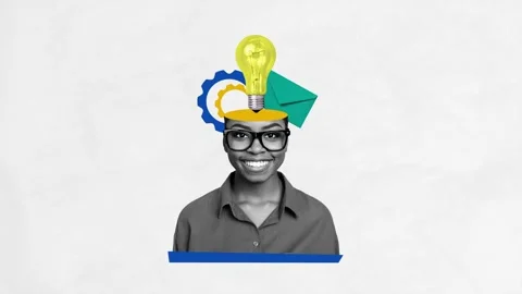 Motion collage video of happy american businesswoman cut head light bulb Stock Footage 302975813