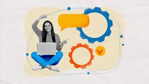 Motion collage video of happy freelancer girl hold laptop point bubble speech Stock Footage 302969959