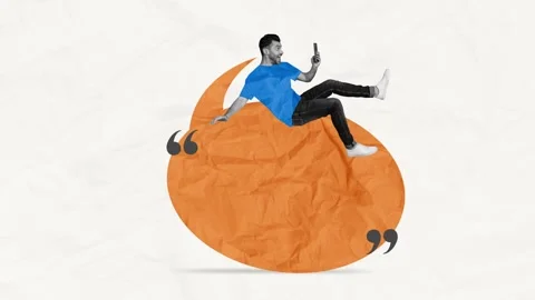 Motion collage video of happy guy hold phone surf bubble chat Stock Footage 302978196