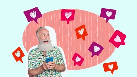 Motion collage video of happy old man hold phone receive like Stock Footage 302971872