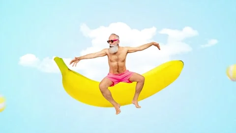 Motion collage video of happy old man sit banana fruit summer Video stock 302975812