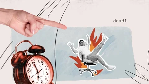 Motion collage video of man ride chair hand point dismissal clock fire deadline Stock Footage 302972172