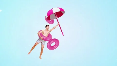 Motion collage video of shitless guy wear inflatable lifebuoy parasol summe Video stock 302975988