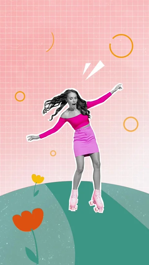Motion collage video of shocked panic girl ride roller-skates Stock Footage 302967532