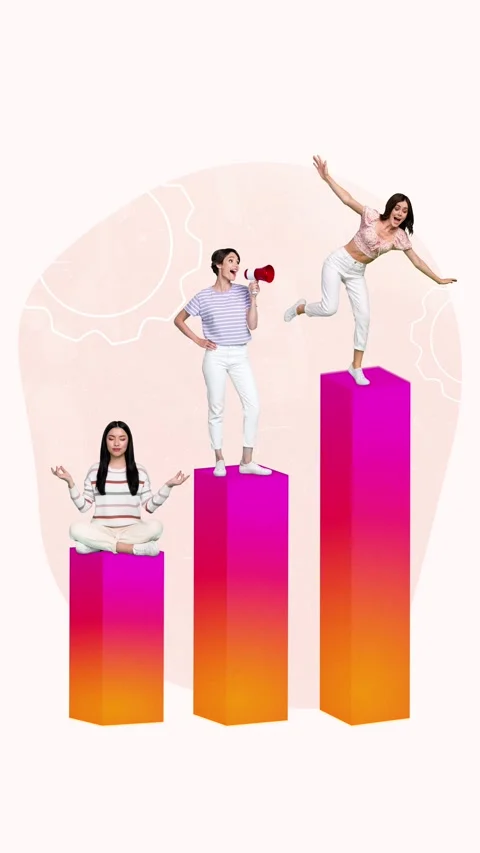 Motion collage video of three happy business girls colleagues stand chart Stock Footage 302970948
