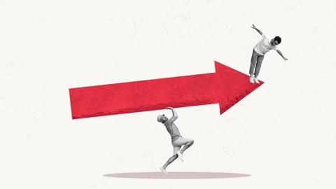 Motion collage video of two happy businessmen hold promotion arrow Stock Footage 302972025