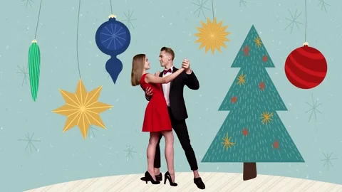 Motion collage video of two happy girl guy wear dress suit dance winter new year Stock Footage 302982384
