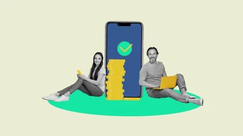 Motion collage video of two happy business partners hold phone laptop coin Stock Footage 306230743