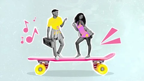 Motion collage video of two hipster american girl guy ride skateboard dance Stock Footage 302967470