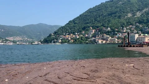 Motion of Como Lake waves. Organic waste (wood and mud) covers lake surface Stock Footage 159369964