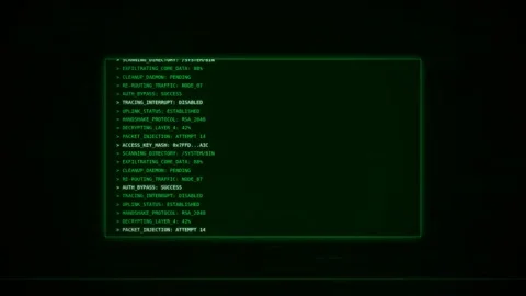 Motion of Computer Screen Displaying Green Code in a Terminal Window for Cy.. Stock Footage 342624443