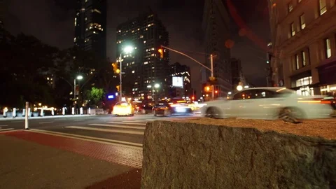 Motion Control Time-lapse of Traffic at Night by the Flatiron in NYC Stock Footage 84327002