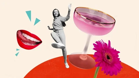 Motion creative art collage video of happy girl dance martini glass Stock Footage 301630166