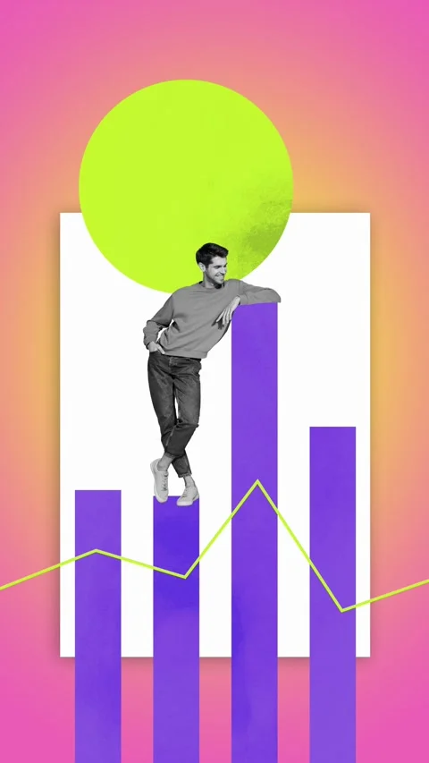 Motion creative art collage video of happy businessman stand chart development Video stock 304501048