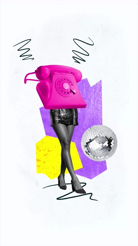 Motion creative collage video of bodyless girl instead head telephone disco Stock Footage 310671659