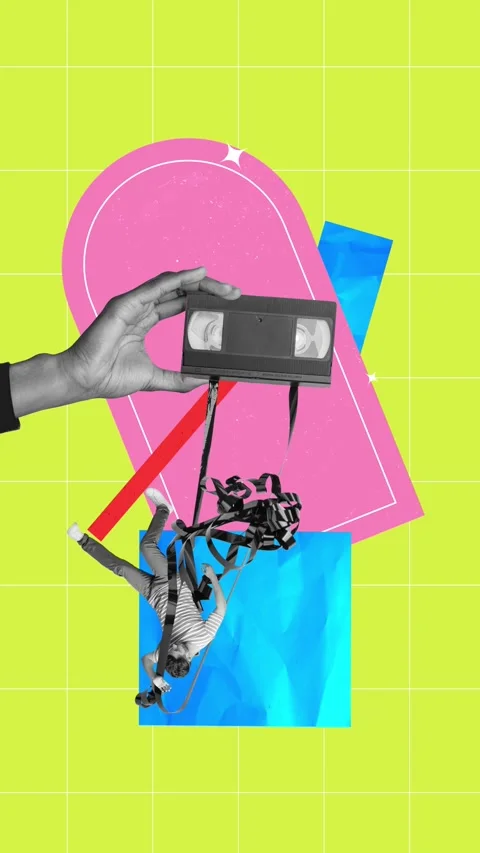 Motion creative collage video of happy man dance retro tape cassette melody Stock Footage 305446654