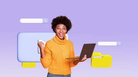 Motion creative collage video of happy girl it specialist surf laptop player tab Video stock 305446736