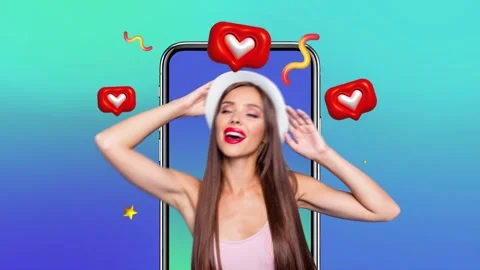Motion creative collage video of happy girl peek phone screen like notification Stock Footage 305446963