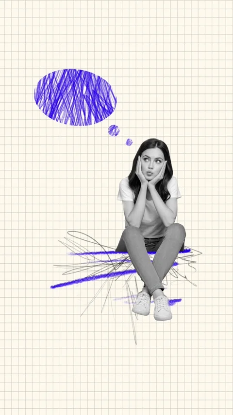 Motion creative collage video of minded girl think doodle bubble communication Stock Footage 302172104