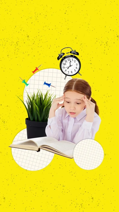 Motion creative poster collage video of puzzled schoolgirl read book clock alarm Stock Footage 302171446