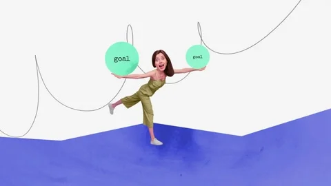 Motion creative poster collage video of happy businesswoman stand one leg goal Stock-Footage 304500486