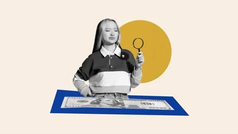 Motion creative poster collage video of happy girl hold magnifier dollar cash Stock Footage 311503838