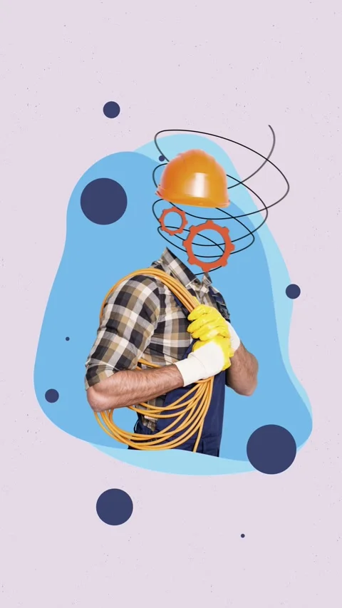 Motion creative poster collage video of anonym foreman hold ribbon gear headless Stock Footage 312316439