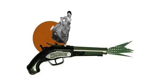 Motion creative poster collage video of happy countess girl pistol duel baroque Stock Footage 312316634
