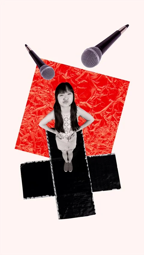 Motion creative trend art collage video of minded girl stand microphone karaoke 스톡 동영상 311503782