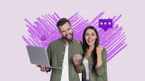 Motion creative trend collage video of happy girl guy couple hold laptop heart Stock Footage 312316409