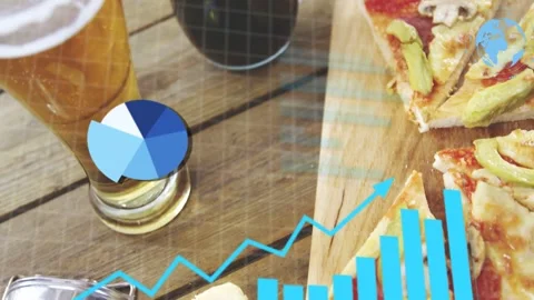 Motion data charts sliding in, sweeping across wood table analyzing pizza, beer Stock Footage 332705110