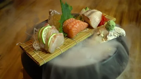 Motion Of Delicious Plate Of Raw Slice Salmon And Tuna Sashimi Luxury Restaurant Stock Footage 143649354