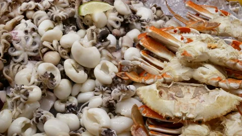 Motion of delicious seafood on ice inside Chinese restaurant Stock Footage 100099123