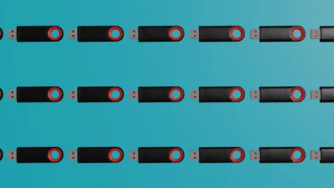 Motion design rotation of flash drives on a blue background. 4K seamless loop Video stock 223214519