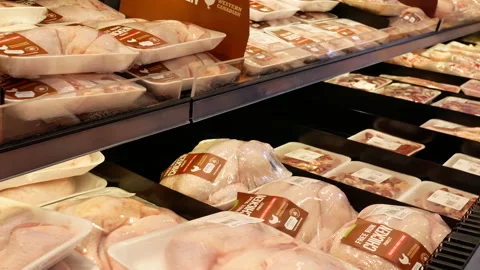 Motion of display fresh chicken product for sale inside supermarket Stock Footage 90500010