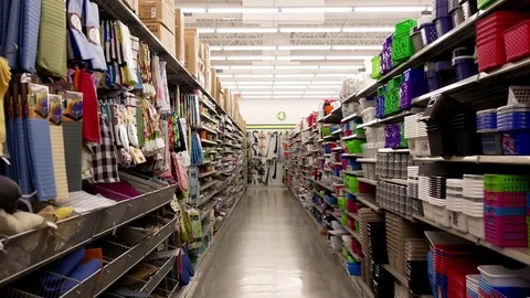 Motion of display items for sale at corridor inside Dollarama with 4k resolution Stock Footage 76939339