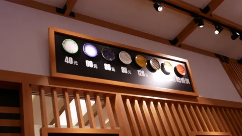 Motion of display plate of the price on wall inside a Japanese restaurant Stock Footage 93968017