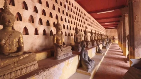 Motion forward along the rows of many various old Buddha statues sitting in Stock Footage 285918018