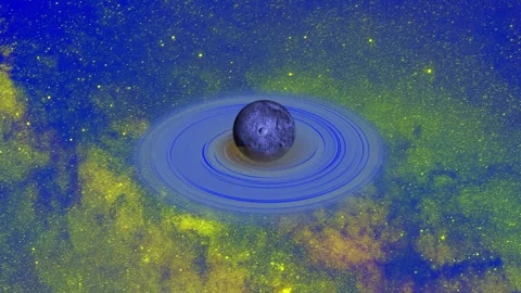 Motion Galaxy Gray Ringed Alien Planet Rotating in Blue-Yellow Nebula Stock Footage 345705786
