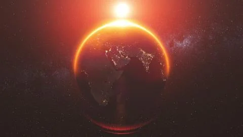 Motion graph bright Sun shines on pictorial planet Earth Stock Photos