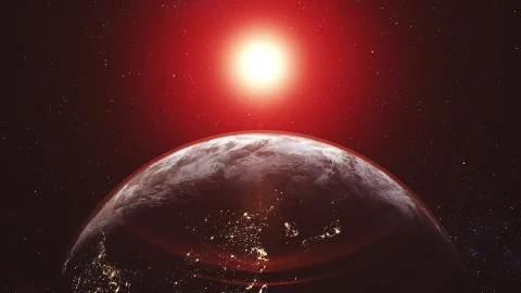 Motion graph orange sun floats over planet Earth horizon Stock Photos